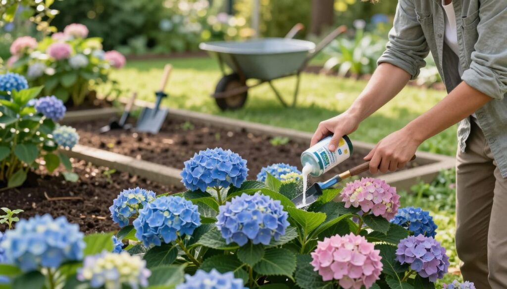 A lush garden scene focusing on safe fertilization techniques for hydrangeas. In the foreground, a gardener in modest casual clothing gently applies organic fertilizer to a vibrant cluster of blue and pink hydrangeas, with a trowel in hand. The middle ground features well-structured garden beds, rich soil, and green foliage, showcasing the importance of careful application. In the background, softly blurred garden tools and a wheelbarrow rest under dappled sunlight filtering through leafy trees, creating a warm and nurturing atmosphere. The overall mood is peaceful and focused on responsible gardening practices, with bright, natural lighting emphasizing the beauty of the plants and the care involved in their upkeep. A lush garden scene focusing on safe fertilization techniques for hydrangeas. In the foreground, a gardener in modest casual clothing gently applies organic fertilizer to a vibrant cluster of blue and pink hydrangeas, with a trowel in hand. The middle ground features well-structured garden beds, rich soil, and green foliage, showcasing the importance of careful application. In the background, softly blurred garden tools and a wheelbarrow rest under dappled sunlight filtering through leafy trees, creating a warm and nurturing atmosphere. The overall mood is peaceful and focused on responsible gardening practices, with bright, natural lighting emphasizing the beauty of the plants and the care involved in their upkeep.