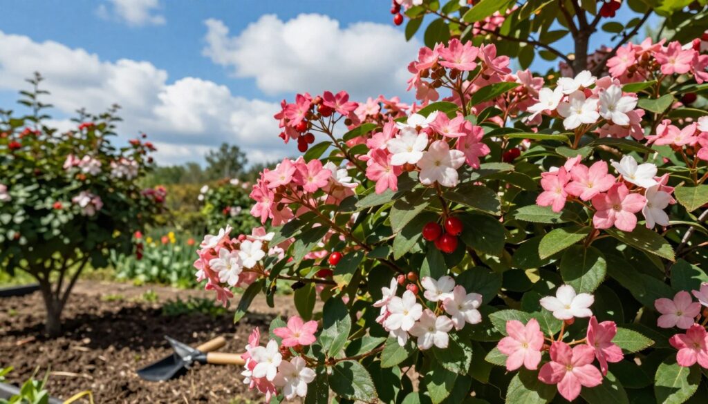 A lush garden scene showcasing a vibrant coral viburnum (kalina koralowa) in full bloom. In the foreground, the vivid pink and white flowers of the viburnum are prominent, surrounded by glossy green leaves. A few plump, red berries hang enticingly among the foliage. The middle ground features soft soil that suggests the ideal planting area, with small garden tools subtly placed nearby. In the background, a bright blue sky with fluffy white clouds creates a cheerful atmosphere, while dappled sunlight filters through the tree branches, casting gentle shadows. The composition is captured from a slightly elevated angle, highlighting the plant's beauty and its ideal growing conditions, evoking a sense of tranquility and harmony in nature.