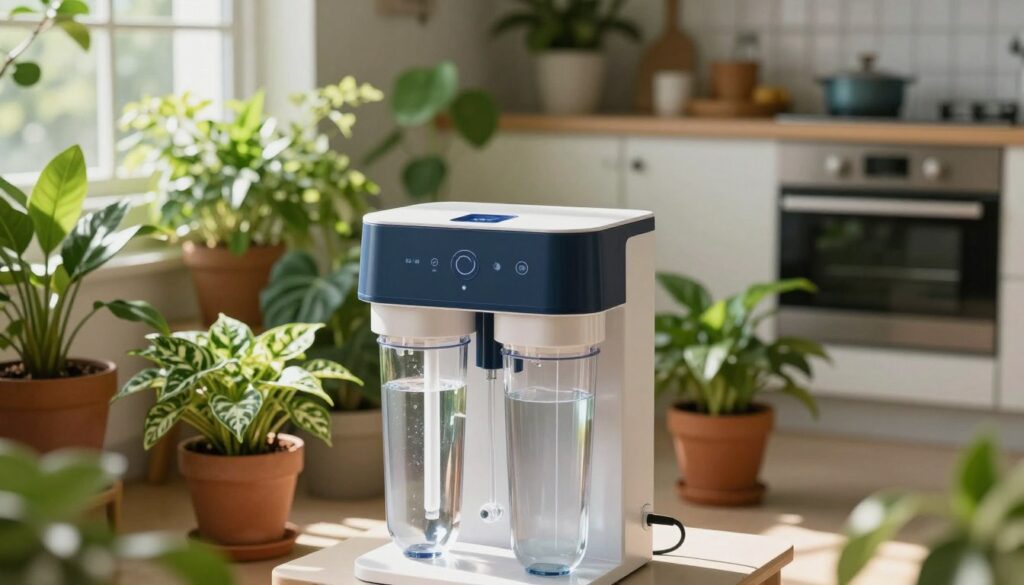 A modern water filtration system prominently displayed in the foreground, showcasing its sleek design with transparent components revealing the water purification process. In the middle ground, a collection of potted plants basking in natural light, their lush green leaves indicating optimal health from soft water usage. The background features a softly lit kitchen or garden area that suggests a nurturing environment for plant care. The mood is calm and refreshing, illuminated by gentle sunlight filtering through a nearby window, casting soft shadows. The angle is slightly elevated, capturing both the filtration system and flourishing plants, emphasizing the connection between clean water and plant vitality.