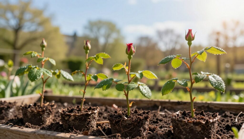 A peaceful early spring garden scene illustrating the timing of rose propagation methods in Poland. In the foreground, freshly cut rose cuttings placed in pots with rich soil, dew glistening on the leaves. The middle ground features budding rose bushes, showcasing vibrant green leaves and early blooms, symbolizing new life. The background presents a soft-focus view of trees and a clear blue sky, with gentle sunlight filtering through. The scene is serene and inviting, suggesting a sense of renewal and growth. Use warm lighting to enhance the fresh atmosphere, with a slightly shallow depth of field to focus on the cuttings and roses. The overall mood is hopeful and inspiring.