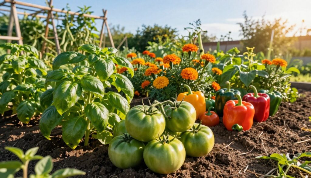 A picturesque garden scene depicting rows of vegetables planted beside each other, emphasizing companion planting techniques. In the foreground, lush green tomatoes and vibrant leafy basil are nestled closely together, showcasing their harmonious growth. The middle ground features an array of colorful bell peppers interspersed with fragrant marigolds, known for their pest-repelling properties. In the background, a wooden trellis supports climbing beans, with the sun casting warm, golden light that enhances the rich colors of the plants. Soft shadows stretch across the soil, and the sky is a clear blue, creating a serene and inviting atmosphere. This setup illustrates effective space utilization and natural pest control in a garden setting.