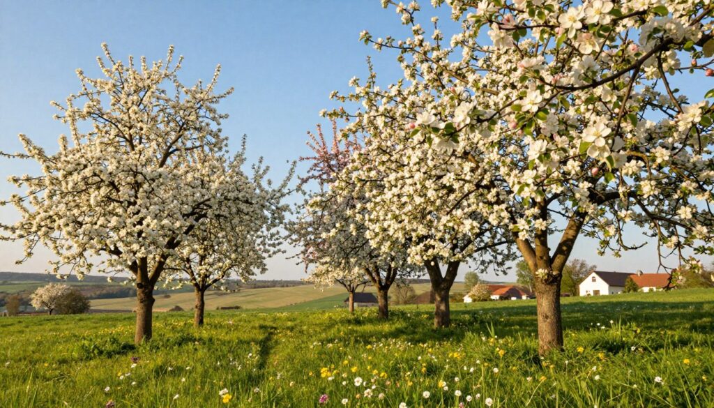 A picturesque scene of fruit trees in full bloom during spring in Poland, showcasing an array of delicate white and pink blossoms against a clear blue sky. In the foreground, vibrant green grass sprinkled with tiny wildflowers creates a lively base. The middle ground is dominated by several fruit trees like apple, cherry, and pear, their branches heavy with luminous flowers. In the background, soft rolling hills and a distant farmhouse provide a serene rural ambiance. The lighting is warm and bright, capturing the essence of a sunny day, with gentle sunlight filtering through the blossoms, creating beautiful shadows. The overall mood is peaceful and rejuvenating, inviting viewers to appreciate the beauty of springtime in Poland.