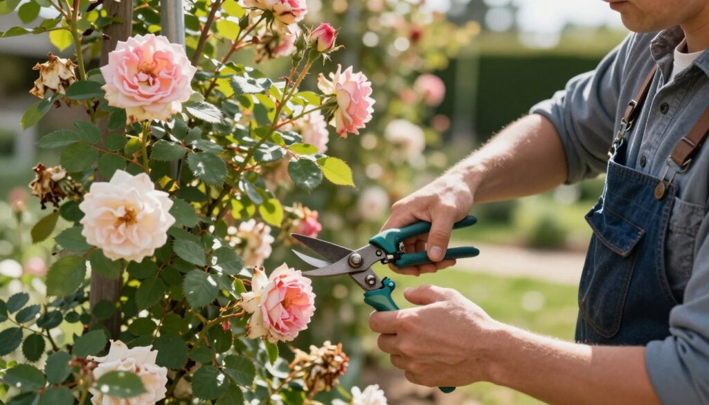 A professional gardener in modest casual clothing carefully pruning climbing roses after they have bloomed, showcasing the technique of cutting stems at a 45-degree angle. The foreground features the gardener's focused hands holding pruning shears, highlighting the delicate process. In the middle ground, the climbing roses are lush and vibrant, with wilted blooms and fresh green leaves to indicate the need for pruning. The background includes a serene garden setting with a soft-focus effect, emphasizing the beauty of the flowers and the gardener's skill. The sunlight filters through the leaves, creating dappled light spots, enhancing the peaceful atmosphere of the scene. The image conveys a sense of care and expertise in rose maintenance.