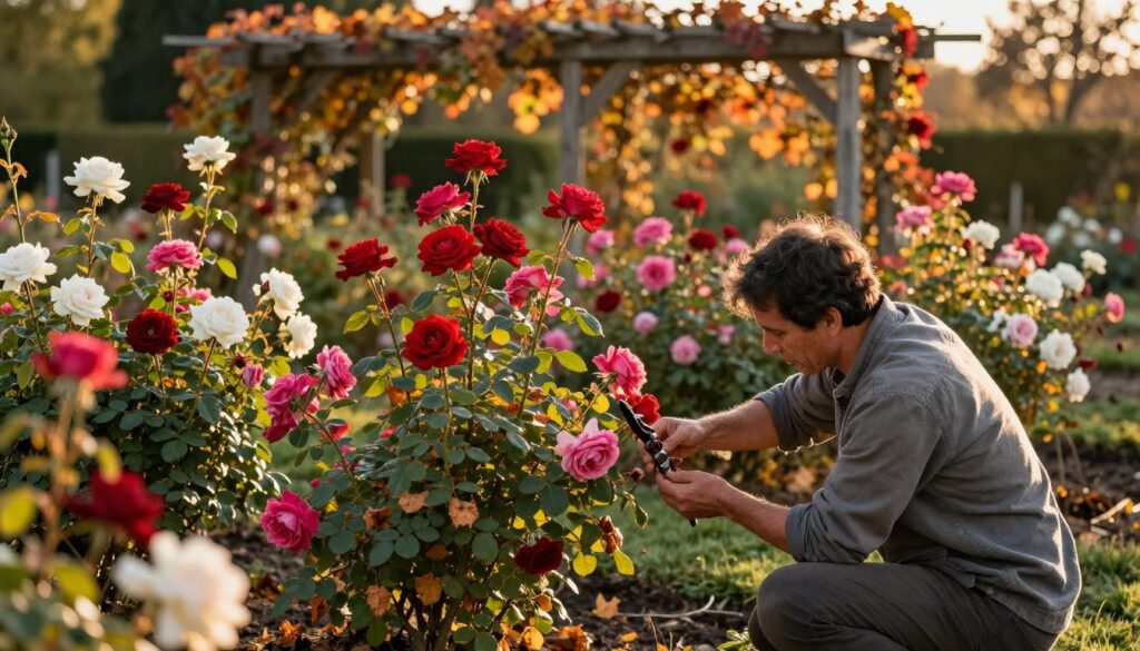 A serene autumn garden scene showcasing climbing roses ready for winter pruning. In the foreground, a gardener in modest casual clothing inspects a bush of roses, carefully assessing which stems to cut. The midground features a variety of vibrant roses in hues of red, pink, and white, with some leaves beginning to fall, indicating the seasonal change. The background includes a soft focus of a wooden trellis covered in climbing rose vines. The lighting is warm and golden, reminiscent of late afternoon sun, casting gentle shadows. The atmosphere is tranquil, emphasizing the importance of the right moment for this gardening technique. The angle is slightly elevated, capturing both the detailed pruning process and the overall beauty of the garden.