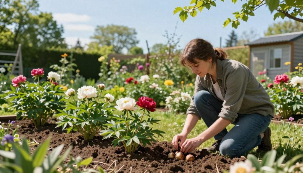 A serene garden landscape depicting the ideal moment for planting peonies in Poland, showcasing the vibrant colors of early spring. In the foreground, a gardener in modest casual clothing kneels by freshly turned soil, gently placing peony bulbs with care. The middle ground features a variety of lush green plants and blooming flowers, with soft sunlight filtering through the leaves, creating dappled light patterns. In the background, a clear blue sky adds to the tranquil setting, while a nearby garden shed hints at a well-tended retreat. The mood is peaceful and hopeful, capturing the essence of spring planting. The focus is sharp on the gardener and the peonies, with a shallow depth of field emphasizing the vibrant health of the emerging plants. A serene garden landscape depicting the ideal moment for planting peonies in Poland, showcasing the vibrant colors of early spring. In the foreground, a gardener in modest casual clothing kneels by freshly turned soil, gently placing peony bulbs with care. The middle ground features a variety of lush green plants and blooming flowers, with soft sunlight filtering through the leaves, creating dappled light patterns. In the background, a clear blue sky adds to the tranquil setting, while a nearby garden shed hints at a well-tended retreat. The mood is peaceful and hopeful, capturing the essence of spring planting. The focus is sharp on the gardener and the peonies, with a shallow depth of field emphasizing the vibrant health of the emerging plants.