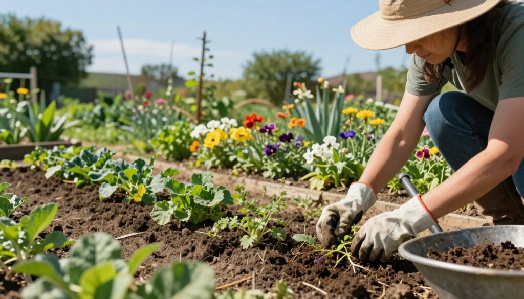 A serene garden scene depicting a person diligently tending to their plot, focusing on weeding and cleaning. In the foreground, the gardener, wearing a sunhat and gloves, pulls out stubborn weeds from rich, dark soil, with some fresh compost in a nearby wheelbarrow. The middle ground shows a variety of blooming flowers and vegetables, creating a vibrant environment. In the background, a clear blue sky and green trees provide a tranquil atmosphere, with soft sunlight illuminating the scene. The angle is slightly elevated, capturing both the gardening activity and the lush surrounding landscape. The overall mood is peaceful and productive, reflecting the essence of preparing a garden before fertilizing the soil.