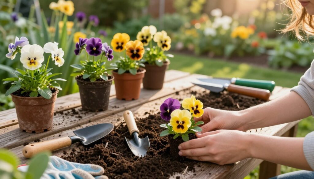 A serene garden scene depicting the process of planting pansies, with a focus on various stages of planting. In the foreground, a pair of hands delicately planting vibrant, multi-colored pansy seedlings into rich, dark soil, surrounded by gardening tools like a small trowel and gloves. The middle ground features a wooden potting bench scattered with soil and gardening supplies, with several potted pansies ready for planting. In the background, a lush garden filled with blooming flowers and greenery under a soft, golden afternoon light, casting gentle shadows. The atmosphere evokes a sense of tranquility and connection to nature, perfect for a gardening article.