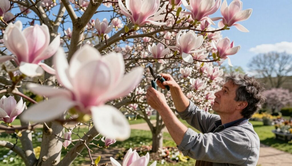 A serene garden scene featuring a beautifully blooming magnolia tree in the foreground, showcasing its large, delicate pink and white flowers. The middle ground features a gardener in modest casual clothing, gently pruning the magnolia with pruning shears, focusing intently on the branches. Soft sunlight filters through the leaves, casting dappled shadows on the ground, enhancing the tranquil atmosphere. In the background, a clear blue sky provides a bright backdrop, and hints of other flowering plants can be seen, creating a picturesque garden setting. The angle captures a close-up of the interaction between the gardener and the tree, embodying the theme of careful maintenance to preserve future blooms. The overall mood is peaceful, emphasizing nature and skillful gardening care. A serene garden scene featuring a beautifully blooming magnolia tree in the foreground, showcasing its large, delicate pink and white flowers. The middle ground features a gardener in modest casual clothing, gently pruning the magnolia with pruning shears, focusing intently on the branches. Soft sunlight filters through the leaves, casting dappled shadows on the ground, enhancing the tranquil atmosphere. In the background, a clear blue sky provides a bright backdrop, and hints of other flowering plants can be seen, creating a picturesque garden setting. The angle captures a close-up of the interaction between the gardener and the tree, embodying the theme of careful maintenance to preserve future blooms. The overall mood is peaceful, emphasizing nature and skillful gardening care.