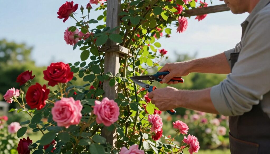 A serene garden scene featuring a close-up of a professional gardener carefully pruning climbing roses. The foreground showcases vibrant, blooming rose clusters in shades of red and pink, while the gardener, dressed in modest casual clothing, focuses on trimming the long stems with a pair of sharp shears. In the middle, the climbing roses are entwined around a wooden trellis, with lush green leaves creating a rich backdrop. The background reveals a sunny, blue sky, filtering soft, warm light through the foliage, enhancing the vivid colors of the flowers. The atmosphere is peaceful, evoking a sense of nurturing and care, ideal for a moment of gardening mastery.
