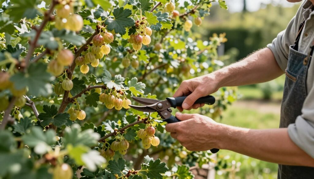 A serene garden scene featuring a gardener in modest casual clothing, carefully pruning a mature gooseberry bush in full fruit. The foreground highlights the gardener’s hands skillfully trimming the branches, showcasing lush green leaves and clusters of ripe, translucent gooseberries glistening in the sunlight. In the middle ground, the bush is thick with foliage and fruit, displaying healthy growth, while the background reveals a tranquil garden setting with soft, diffused natural light filtering through overhanging branches, casting gentle shadows. The mood is peaceful and focused, emphasizing the importance of proper pruning for optimal fruit production and plant rejuvenation. The composition captures the essence of effective gardening techniques in a harmonious and inviting atmosphere.