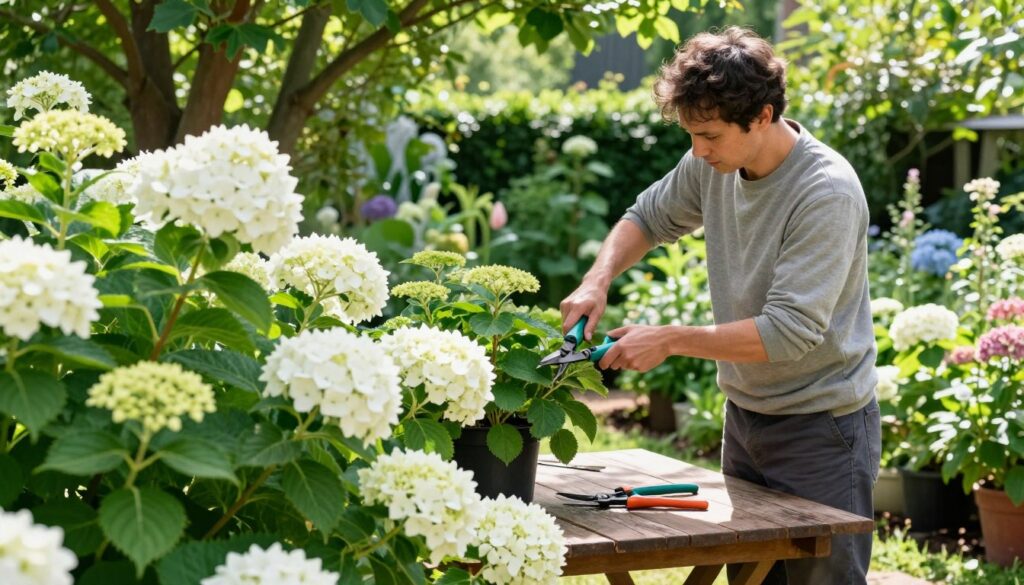 A serene garden scene focused on a gardener in modest casual clothing, pruning lush, blooming hydrangeas, specifically the Annabelle variety. In the foreground, vibrant white flower clusters and rich green leaves showcase the beauty of freshly trimmed hydrangeas. The middle ground features a pair of gardening shears resting on a wooden garden table, while the gardener gently trims the plants, surrounded by other thriving flora. In the background, softened sunlight filters through overhead trees, casting gentle shadows and highlighting the vibrant colors of the garden. The mood is tranquil and productive, capturing the essence of timely gardening care for optimal flowering and healthy plant shape. Natural light enhances the colors, creating a bright, inviting atmosphere that inspires gardening enthusiasts.