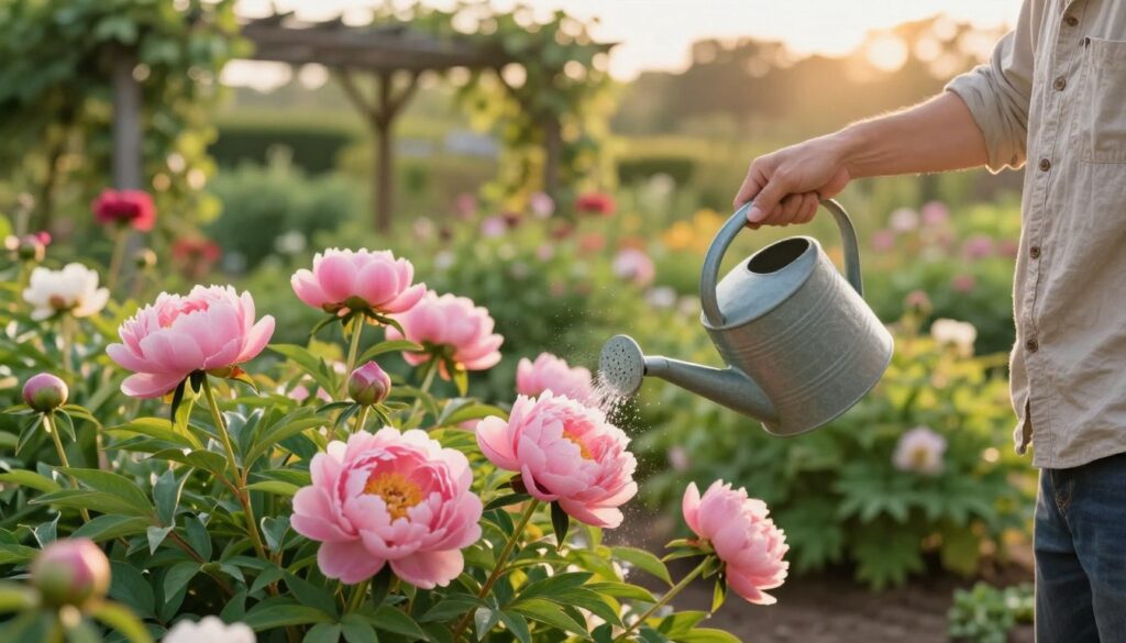 A serene garden scene focused on the care of peonies, emphasizing the act of watering. In the foreground, a gardener in modest casual clothing gently waters vibrant pink peonies with a watering can, capturing the delicate flowers in full bloom. The middle ground reveals lush green foliage and hints of other colorful flowers, illustrating a well-maintained garden. The background features a softly blurred trellis with climbing vines, bathed in warm golden hour sunlight. The scene has a tranquil, nurturing atmosphere, evoking a sense of peace and dedication to plant care. The lighting enhances the natural beauty of the flowers, casting gentle shadows and highlighting their petals' textures. A serene garden scene focused on the care of peonies, emphasizing the act of watering. In the foreground, a gardener in modest casual clothing gently waters vibrant pink peonies with a watering can, capturing the delicate flowers in full bloom. The middle ground reveals lush green foliage and hints of other colorful flowers, illustrating a well-maintained garden. The background features a softly blurred trellis with climbing vines, bathed in warm golden hour sunlight. The scene has a tranquil, nurturing atmosphere, evoking a sense of peace and dedication to plant care. The lighting enhances the natural beauty of the flowers, casting gentle shadows and highlighting their petals' textures.