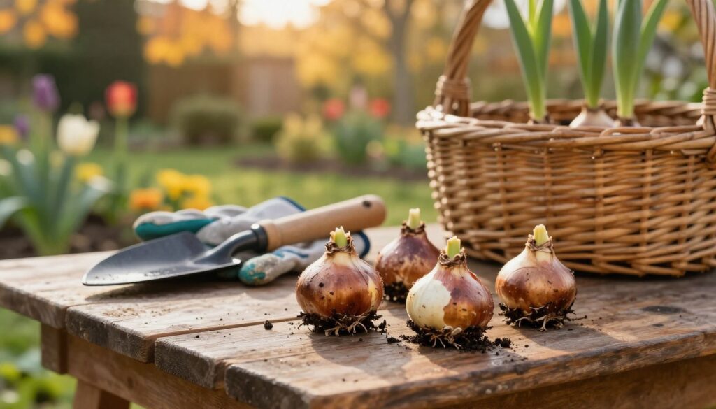 A serene garden scene focusing on freshly dug tulip bulbs, placed gently on a rustic wooden table in the foreground. The bulbs are still slightly moist, showing rich earth clinging to their forms, emphasizing their delicate texture and layered skins. In the middle ground, a pair of gardening gloves and a small trowel rest beside an old wicker basket ready to store the bulbs safely. The background features an autumnal garden with hints of vibrant foliage, softly illuminated by warm, golden sunlight filtering through the trees, creating a tranquil and inviting atmosphere. The composition should have a shallow depth of field, drawing attention to the bulbs while subtly blurring the background, evoking a sense of preparation and care in gardening practices.