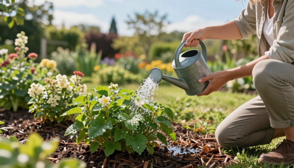 A serene garden scene focusing on the act of watering plants, showcasing a person in modest casual clothing kneeling down, gently watering a lush tamaryszek shrub with a watering can. In the foreground, the vibrant green leaves and delicate flowers glisten with droplets of water, reflecting sunlight. The middle ground features a variety of blooming shrubs and mulch spread evenly around their bases, indicating care and proper maintenance. In the background, a soft-focus landscape of a tranquil garden with trees gently swaying and a clear blue sky, casting warm, natural light. The atmosphere is peaceful and inviting, exemplifying simple yet effective gardening techniques that promote healthy plant growth.