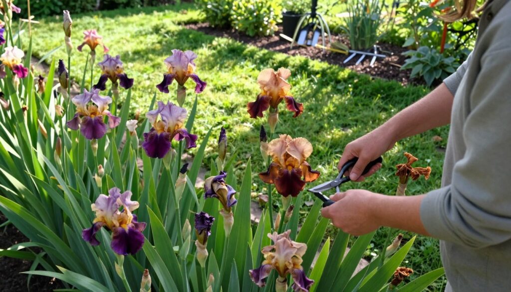 A serene garden scene focusing on the aftermath of iris flowers' blooming. In the foreground, a gardener, dressed in modest casual clothing, gently prunes wilted iris flowers with shears, surrounded by vibrant green foliage. The middle section captures the colorful remnants of the irises, showcasing various stages of their decay, with some petals still vibrant and others fading. In the background, there's a well-tended flowerbed, with freshly trimmed grass and neatly arranged garden tools. Soft, dappled sunlight filters through the leaves, creating a warm, tranquil atmosphere. The angle is slightly elevated, providing an encompassing view of the gardening activities, emphasizing care and the beauty of nature's cycles.