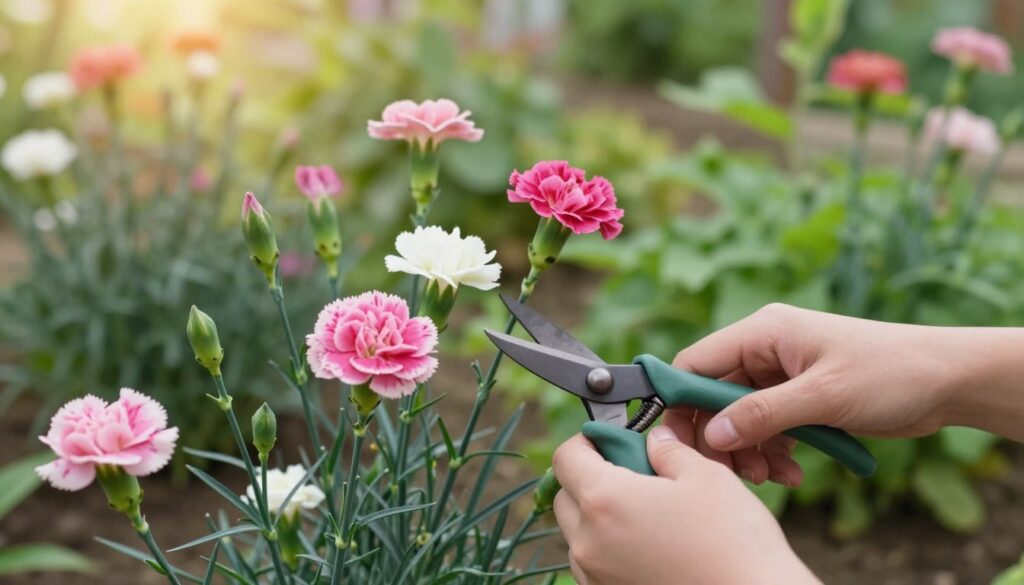 A serene garden scene illustrating the process of pruning carnations after flowering. In the foreground, a pair of well-maintained hands delicately trimming the wilted blossoms off vibrant pink and white carnation plants with sharp pruning shears. The middle ground features healthy green stems and fresh buds beginning to emerge, hinting at new growth. The background is a soft-focus array of lush garden foliage under gentle, warm sunlight, creating a peaceful atmosphere. The image conveys a sense of care and rejuvenation, with a shallow depth of field to emphasize the act of pruning. The overall tone is soothing and organic, perfect for a gardening article.