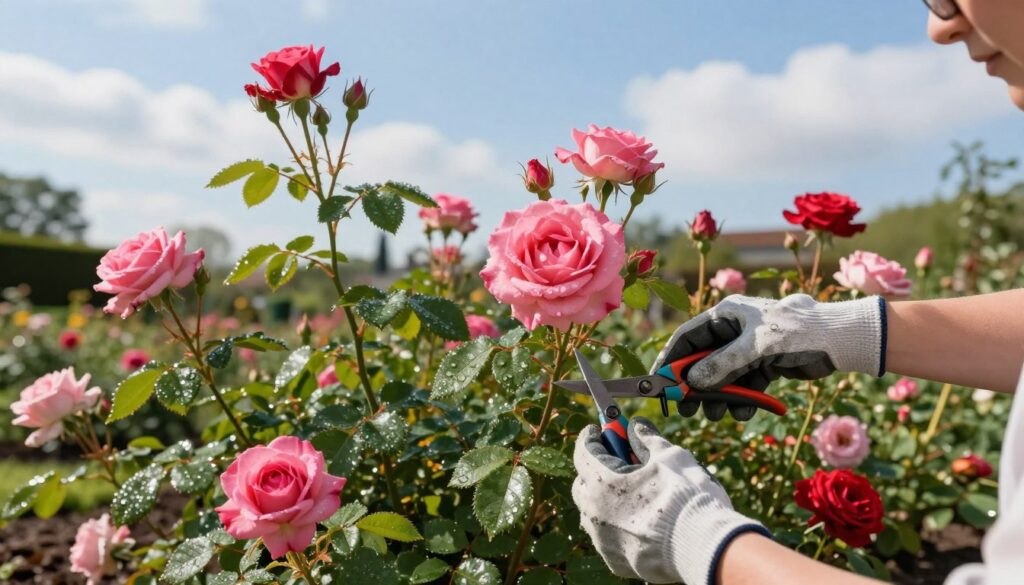 A serene garden scene in early spring, showcasing the optimal timing for pruning roses in Poland. In the foreground, a pair of hands, clad in modest gardening gloves, delicately trim vibrant pink and red rose bushes, their lush green leaves glistening with morning dew. The middle ground features elegantly blooming roses in various stages, some fully blossomed while others are just beginning to open, surrounded by small gardening tools like shears and gloves. In the background, a bright blue sky with gentle clouds hints at a sunny day, casting soft, warm light over the scene. The atmosphere is peaceful and inviting, evoking a sense of care and beauty in gardening. The composition is framed from a slightly elevated angle, providing a comprehensive view of the roses and the gardener’s careful task.