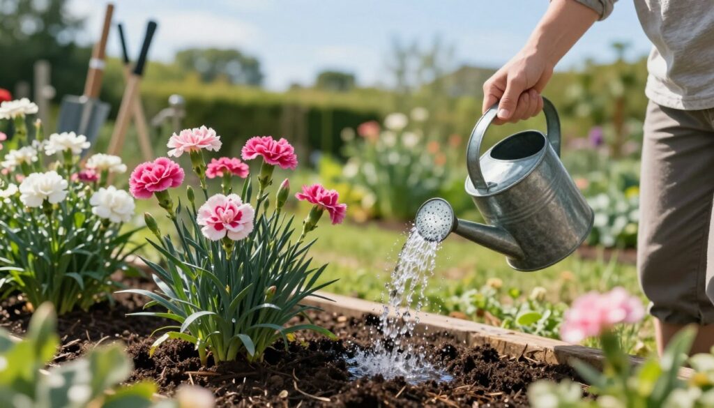 A serene garden scene showcasing a person in modest casual clothing carefully watering vibrant pink and white carnations, the flowers bursting with life. In the foreground, a watering can pours a gentle stream of water into the rich, dark soil, with droplets sparkling in the sunlight. The middle ground features a variety of healthy plants, lush green leaves, and freshly mulched flower beds, creating a nurturing environment. The background reveals a soft-focus of garden tools and a lush, verdant landscape under a clear blue sky. The warm, natural lighting gives a sense of tranquility and care, emphasizing the importance of proper watering and nourishment for healthy flower growth.