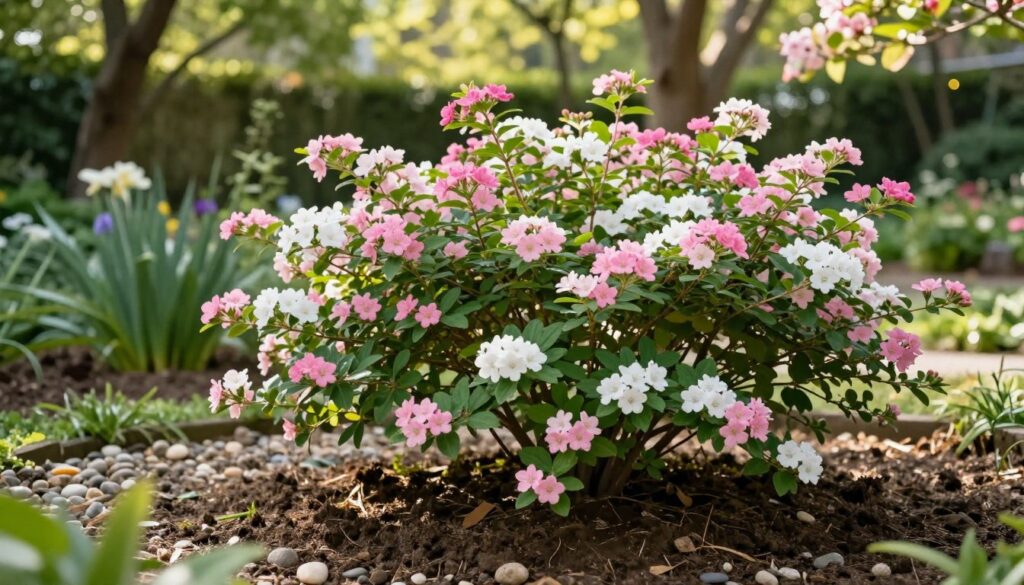 A serene garden scene showcasing a thriving Japanese spiraea (tawuła japońska) in full bloom, with delicate pink and white flowers creating a vibrant visual contrast against lush green foliage. In the foreground, focus on rich, well-drained soil that supports this shrub, highlighted by small pebbles and organic matter. In the middle, the spiraea’s graceful arching branches are adorned with clusters of blossoms, capturing the essence of springtime. The background features a softly blurred view of a tranquil garden setting, with dappled sunlight filtering through trees, enhancing the peaceful atmosphere. The image is lit with warm, natural light, shot at a slight angle to create depth, emphasizing the plant's requirements for good soil and care in a visually engaging manner.