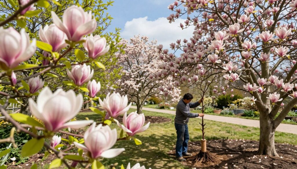 A serene garden scene showcasing a variety of magnolia trees in full bloom during spring. In the foreground, delicate pink and white magnolia flowers with intricate petal details and lush green leaves create a vibrant contrast. The middle ground features a skilled gardener in modest casual clothing, demonstrating the technique of grafting a magnolia branch onto a sturdy rootstock. Soft, dappled sunlight filters through the leaves, casting gentle shadows on the ground. In the background, a clear blue sky and soft clouds hint at favorable weather conditions. The overall mood is tranquil and instructional, embodying the beauty and fragility of nature during the critical timing for successful grafting. The composition is framed with a soft focus to emphasize the details of the magnolias while keeping the scene harmonious.