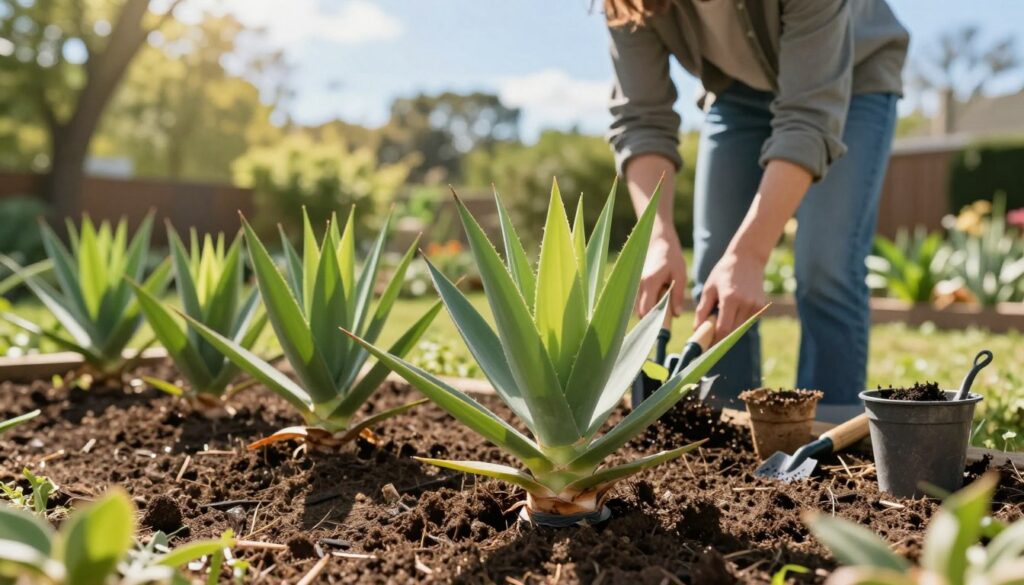 A serene garden scene showcasing the best time for propagating Yucca plants. In the foreground, healthy Yucca plants with vibrant green leaves and thick bases are surrounded by rich, damp soil, indicating recent watering. The middle ground features a gardening enthusiast in modest casual clothing, carefully preparing a designated planting area with gardening tools like a spade and potting mix. In the background, soft sunlight filters through trees, casting gentle shadows, while a clear blue sky enhances the peaceful atmosphere of early spring. The overall mood conveys optimism and growth, emphasizing the ideal conditions for successful Yucca propagation, with a focus on nurturing and care.