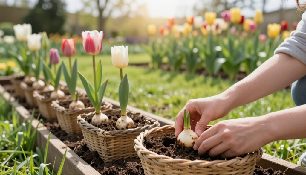A serene garden scene showcasing the planting of tulip bulbs in basket containers. In the foreground, a close-up view of hands gently placing tulip bulbs into a round, woven basket filled with rich, dark soil, with a few green shoots visible. The middle layer features a well-tended garden bed, with several basket containers arranged neatly in a row, each containing tulips at various stages of growth. The background reveals a soft-focus landscape of blooming flowers and tall, lush grass under a bright, sunny sky casting warm, natural light. The atmosphere is calm and peaceful, evoking the joy of gardening and the anticipation of blooming tulips.