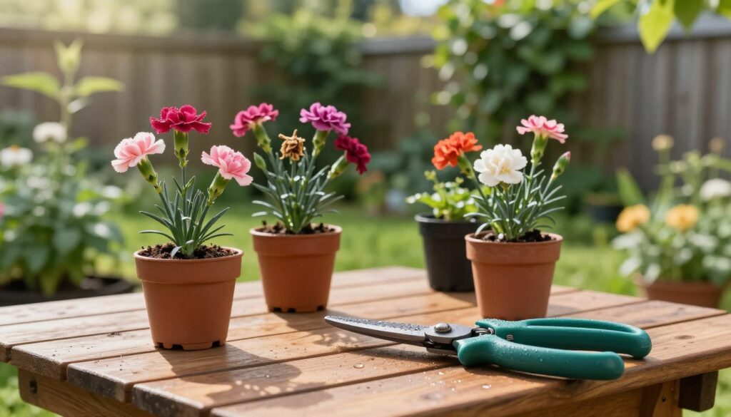 A serene garden scene showcasing various gardening tools essential for trimming carnations. In the foreground, display a pair of pruning shears glistening with dew, resting on a wooden garden table. The middle ground should feature potted carnations in vibrant colors, one with wilted flowers to emphasize the need for pruning. In the background, a soft-focus view of lush greenery and a fence covered in climbing vines creates a peaceful atmosphere. Natural sunlight filters through the leaves, casting gentle shadows and illuminating the scene. The overall mood is tranquil and organized, representing the care and precision involved in gardening, inviting the viewer to appreciate the beauty of maintaining plants.
