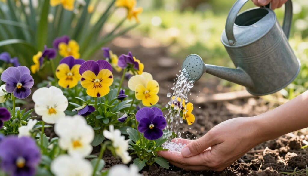 A serene garden scene showcasing vibrant pansies in full bloom, with rich, lush colors of purple, yellow, and white. In the foreground, a pair of hands gently applying organic fertilizer around the bases of the flowers, illustrating the process of nurturing the plants. The middle ground features a watering can pouring nutrient-rich water onto the pansies, highlighting the combination of fertilization and watering. In the background, soft sunlight filters through green leaves, creating dappled shadows on the soil, contributing to a warm, inviting atmosphere. The composition is at eye level, with a shallow depth of field to emphasize the focused care given to the plants while blurring the garden's further elements.