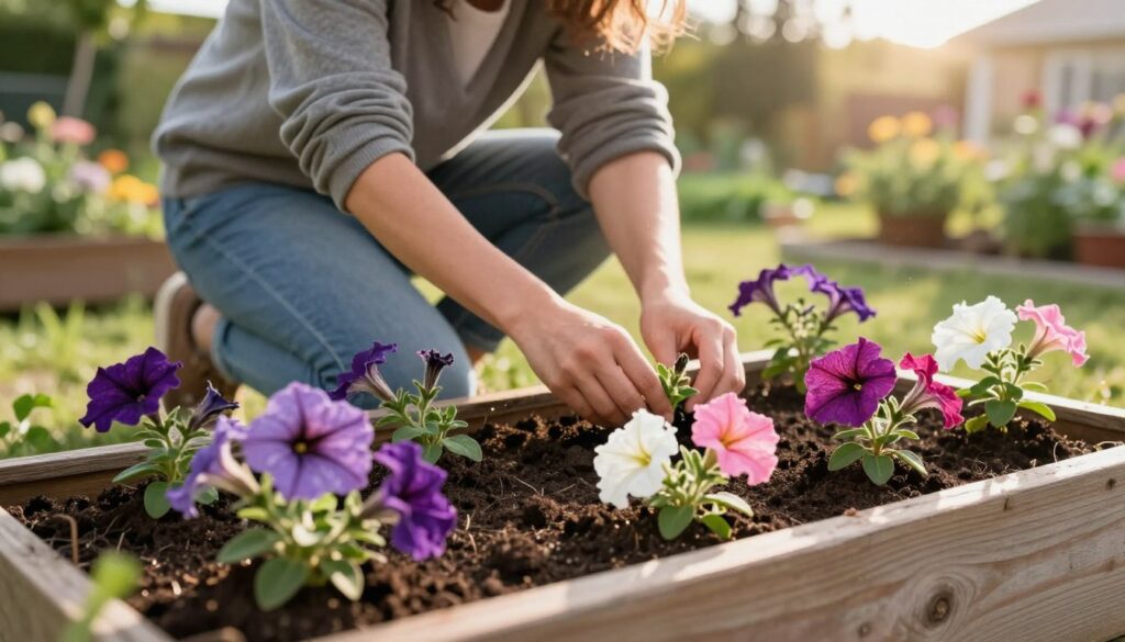 A serene garden scene showcasing vibrant petunia plants ready for planting in wooden flower boxes. In the foreground, a close-up view of freshly prepared soil in a flower box, with tiny sprouts of petunias bursting into bloom, showcasing various colors like purple, pink, and white. In the middle ground, a gardener kneels down in modest casual clothing, gently planting the petunias, emphasizing care and attention to seasonal planting. The background features a soft-focus view of a welcoming garden landscape, illuminated by warm early morning sunlight, casting gentle shadows and creating a peaceful atmosphere. The overall mood is one of tranquility and hope, symbolizing the best time to plant petunias before the threat of frost. A serene garden scene showcasing vibrant petunia plants ready for planting in wooden flower boxes. In the foreground, a close-up view of freshly prepared soil in a flower box, with tiny sprouts of petunias bursting into bloom, showcasing various colors like purple, pink, and white. In the middle ground, a gardener kneels down in modest casual clothing, gently planting the petunias, emphasizing care and attention to seasonal planting. The background features a soft-focus view of a welcoming garden landscape, illuminated by warm early morning sunlight, casting gentle shadows and creating a peaceful atmosphere. The overall mood is one of tranquility and hope, symbolizing the best time to plant petunias before the threat of frost.