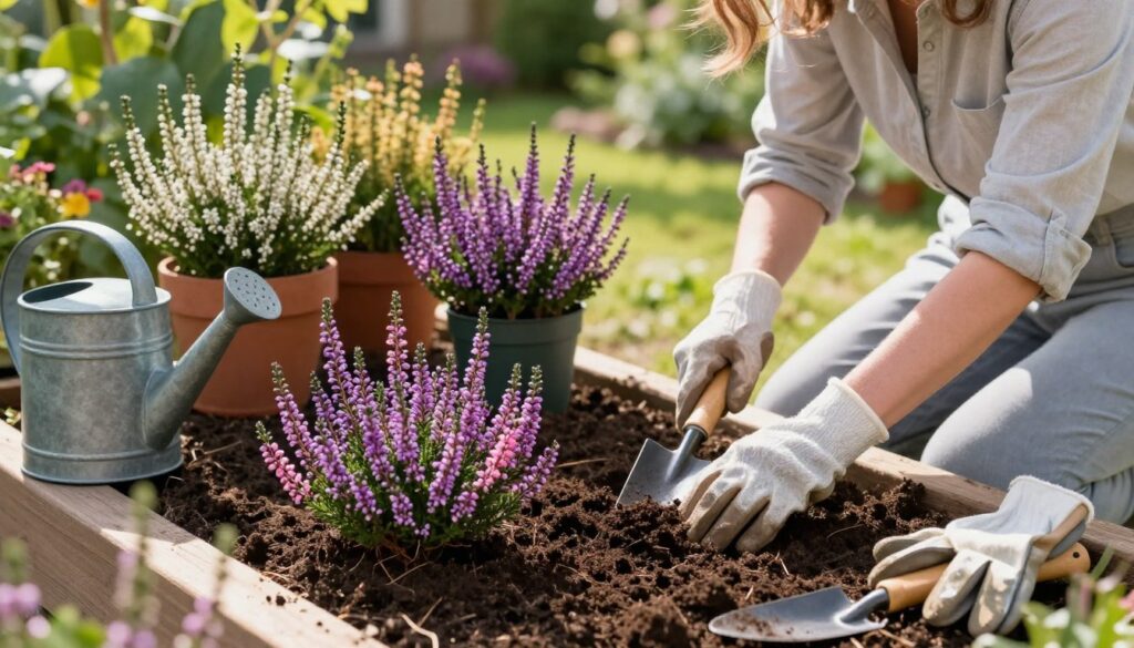 A serene garden setting featuring a gardener carefully planting heather (wrzosy) in a beautifully arranged flower bed. In the foreground, vibrant purple and pink heather plants are being nestled into rich, dark soil. The gardener, dressed in light, modest casual attire, uses a trowel to dig, surrounded by gardening tools like a watering can and gloves. In the middle ground, a mixture of pots filled with different species of heather is displayed, showcasing various colors and textures. The background features a softly blurred garden landscape with sunlight filtering through green leaves, casting gentle shadows. The atmosphere is calm and nurturing, reflecting love for gardening and the care required for planting heather. The image should evoke a sense of tranquility and connection with nature. Bright, natural lighting enhances the freshness of the scene, captured from a slightly elevated angle.