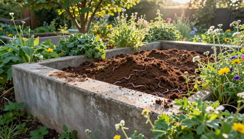 A serene garden setting showcasing a designated composting area. In the foreground, there is a neatly constructed compost bin made of weathered concrete slabs, with a sloped top that encourages rain runoff. Vibrant green plants and wildflowers surround the bin, their colors contrasting beautifully against the gray concrete. In the middle ground, a patch of rich brown compost is visibly progressing in its decomposition, with earthworms scattered throughout. In the background, leafy trees provide dappled sunlight filtering through, creating a warm and inviting atmosphere. The scene captures an early morning light, casting soft shadows, with a slight focus on the compost area, inviting viewers to consider ideal composting conditions. The angle is slightly above eye level for a comprehensive view of the area.