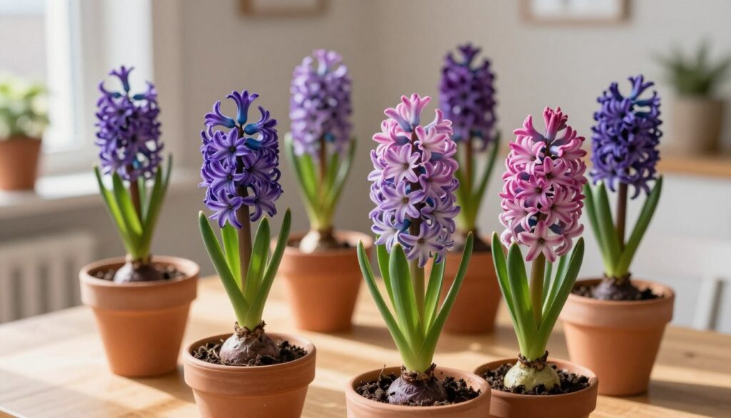 A serene indoor scene showcasing a cluster of vibrant, blooming hyacinths in various shades of purple and pink, elegantly potted in clay containers. In the foreground, a close-up view reveals the lush, green leaves emerging from the soil, with a focus on the delicate textures of the flowers. The middle layer includes several pots arranged on a bright wooden table, hinting at the preparation for forcing the bulbs. Soft natural light filters in from a nearby window, casting gentle shadows and creating a warm, inviting atmosphere. In the background, a simple yet elegant home setting with neutral-toned walls and houseplants can be seen, enhancing the cozy and nurturing vibe of indoor gardening.