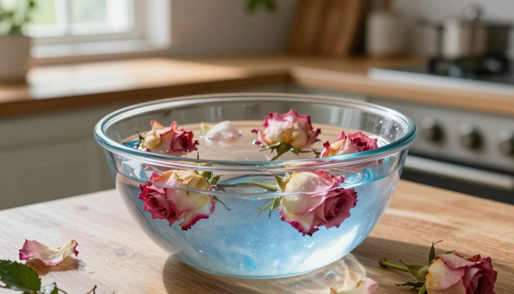 A serene kitchen scene featuring a clear glass bowl filled with cold water, adorned with a few wilted, drooping roses submerged in the water. The foreground showcases the delicate petals, their vibrant colors contrasting against the cool blue of the water, hinting at their potential revival. In the middle ground, soft natural light streams through a nearby window, casting gentle reflections on the water's surface and illuminating the roses to highlight their textures. The background is a blurred rustic kitchen with wooden countertops and soft greenery, creating a calming atmosphere. The overall mood is hopeful and refreshing, capturing the essence of rejuvenation as the roses rest gently in their cold bath, awaiting revitalization.