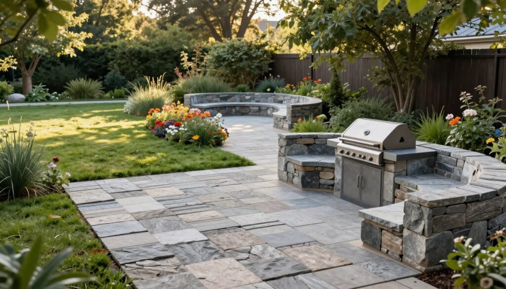 A serene outdoor space featuring small architecture elements constructed from old pavement slabs. In the foreground, a stylish terrace area is created with neatly arranged slabs, perfect for placing outdoor furniture. A geometric grilling area with a modern grill sits alongside, surrounded by low seating made from similar stone materials. The middle ground showcases a pathway lined with vibrant garden flowers and well-groomed grass, leading to a beautifully designed seating nook. In the background, soft sunlight filters through lush trees, casting gentle shadows on the scene. The mood is tranquil and inviting, ideal for relaxation and gatherings. The image captures a harmonious blend of function and aesthetics in a practical outdoor setting, showcasing innovative uses of pavement slabs. Soft, natural lighting enhances the inviting atmosphere, with a slightly elevated angle to give a comprehensive view of the layout.