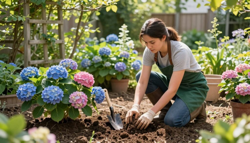 A serene spring garden scene depicting a passionate gardener carefully transplanting hydrangeas into freshly dug soil. In the foreground, vibrant, lush hydrangea plants with blue and pink blooms are placed beside a decorative garden trowel, symbolizing the act of replanting. The middle ground features an inviting flower bed, enriched with green foliage and healthy earthy tones, while a sunlit wooden trellis adorned with climbing vines forms the backdrop. Soft, dappled sunlight filters through the leaves, casting gentle shadows across the scene, enhancing the tranquil atmosphere of spring gardening. The image conveys a sense of renewal and care, inviting viewers into the nurturing world of horticulture.