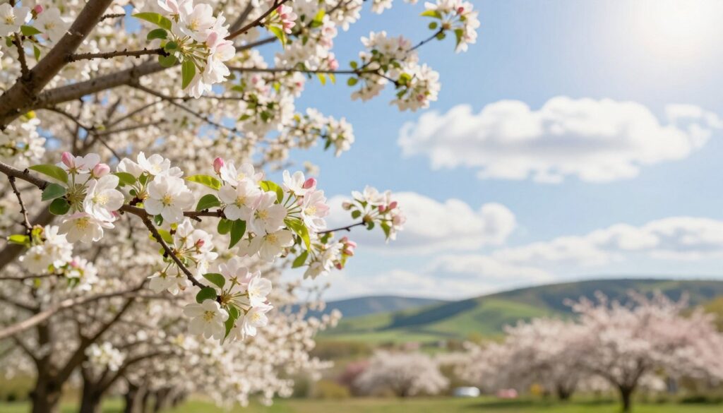 A serene spring scene capturing the blossoming of fruit trees in full bloom. In the foreground, vibrant clusters of delicate white and pink flowers are sprinkled across the branches of apple and cherry trees, showcasing their soft petals swaying slightly in a gentle breeze. The middle ground features a clear blue sky dotted with fluffy white clouds, allowing sunlight to bathe the landscape in a warm, inviting glow. In the background, rolling green hills enhance the lushness of the setting, symbolizing the freshness of spring. The image conveys a peaceful and hopeful atmosphere, embodying the beauty of nature's rebirth. Shot with a soft focus, evoking a dreamy quality that highlights the blossoms intricately.