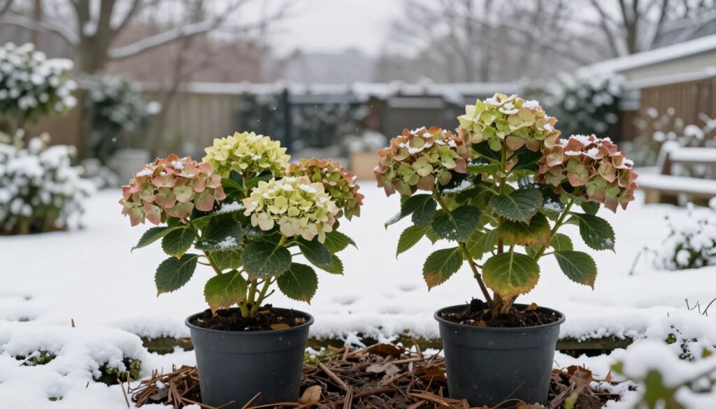 A serene winter garden scene showcasing potted hydrangeas prepared for the cold season. In the foreground, two beautifully maintained hydrangea pots, their soil covered with protective mulching material, and warm shades of green and brown leaves that hint at their seasonal dormancy. The middle ground features a dusting of fresh snow, suggesting a chilly atmosphere while showcasing the resilience of the plants. The background includes a soft-focus of a tranquil winter landscape with bare trees and a soft gray sky, enhancing the peacefulness of the scene. The lighting is soft and diffused, evoking a calm, serene mood, as if capturing a quiet winter afternoon. Use a slightly elevated angle to provide depth to the scene, focusing on the care given to the hydrangeas despite the cold surroundings.