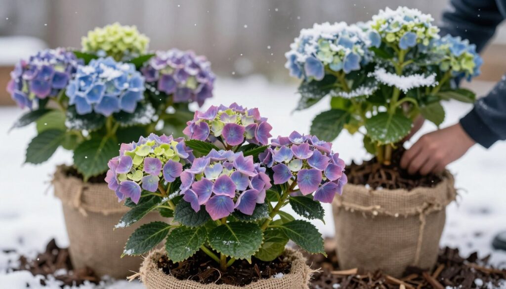 A serene winter scene showcasing the careful preparation of potted hydrangeas for hibernation. In the foreground, a close-up of a beautifully arranged potted hydrangea, its vibrant faded blooms still clinging to their rich colors, surrounded by protective materials like burlap and mulch. The middle ground features a backdrop of another potted hydrangea partially covered with frost, with protective layers being applied to its roots and stems. Soft snowflakes gently fall from a grey sky, enhancing the winter atmosphere. The scene is illuminated with a soft, diffused light, creating a calm and nurturing mood. A shallow depth of field focuses on the hydrangeas while softly blurring the background, inviting viewers to appreciate the meticulous care needed for winterizing these delicate plants.