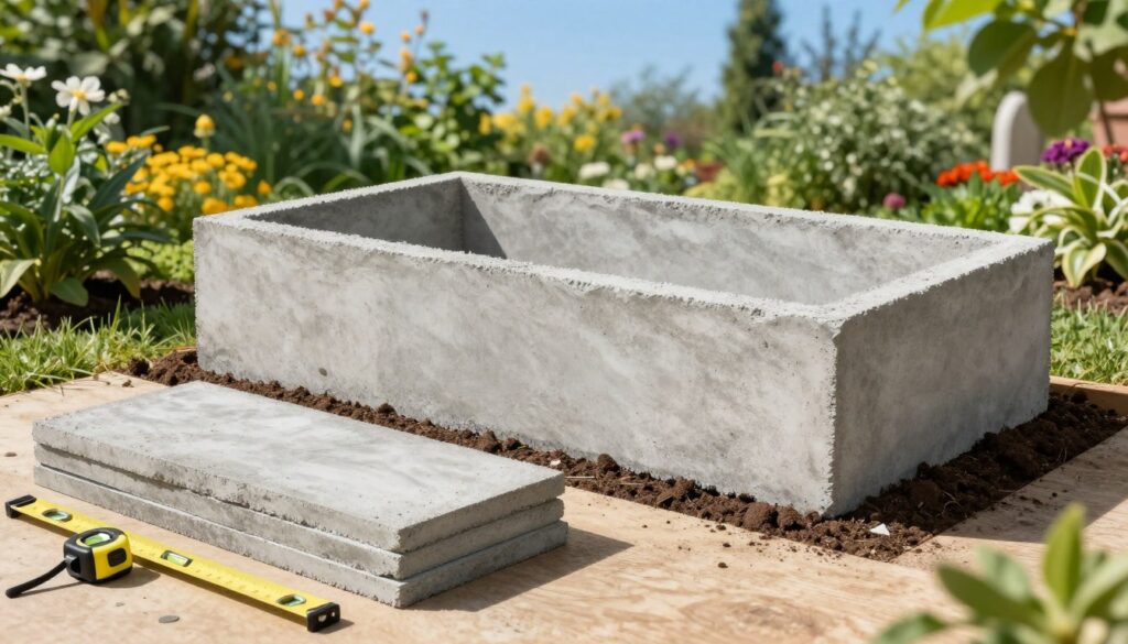 A step-by-step visual guide to building a concrete slab compost bin. In the foreground, display a neatly organized workspace with tools like a measuring tape, level, and concrete slabs ready for assembly. In the middle ground, illustrate a partially constructed compost bin, showcasing the concrete slabs stacked and set into place, surrounded by lush greenery and soil. The background should feature a sunny garden scene with vibrant plants and a clear blue sky, creating a bright and inviting atmosphere. Use natural lighting to highlight the textures of the concrete and the surrounding foliage. The image should have a focus on clarity and detail, emphasizing the construction process while maintaining a cheerful, productive mood.