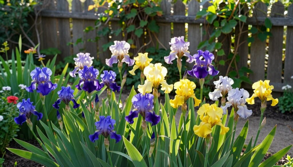 A sunlit garden scene showcasing a variety of vibrant irises in full bloom. In the foreground, several clusters of irises display vivid colors such as deep blue, bright yellow, and soft lavender, surrounded by lush green leaves. In the middle ground, a gentle breeze rustles the petals, enhancing the sense of air circulation. The background features a quaint, rustic fence adorned with climbing vines, blending harmoniously with the plants. The sun casts warm, golden rays across the scene, creating soft shadows that add depth. Capture this serene atmosphere from a slightly elevated angle, focusing on the beautiful arrangement of flowers while hinting at their ideal sunny positioning and natural companionship with neighboring plants.