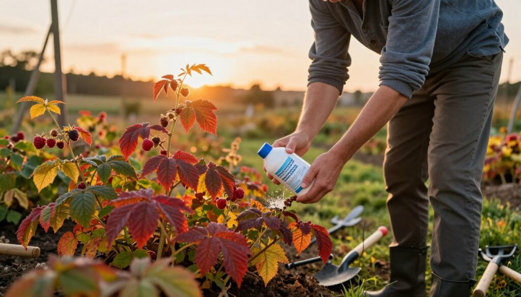 A tranquil autumn scene featuring a gardener in a modest casual outfit tending to raspberry bushes after harvest. In the foreground, vibrant raspberry plants with colorful autumn leaves showcase ripe berries and the gardener gently applying potassium fertilizer around the base of the plants. The middle ground includes a variety of gardening tools scattered on grass, hinting at the preparation for winter. In the background, a soft-focus rural landscape under a golden sunset, emphasizing the peaceful mood of the season. Include warm lighting that creates gentle shadows, enhancing the sense of calm and care in nurturing the plants. The composition should evoke a sense of stewardship and the importance of autumn fertilization in gardening. A tranquil autumn scene featuring a gardener in a modest casual outfit tending to raspberry bushes after harvest. In the foreground, vibrant raspberry plants with colorful autumn leaves showcase ripe berries and the gardener gently applying potassium fertilizer around the base of the plants. The middle ground includes a variety of gardening tools scattered on grass, hinting at the preparation for winter. In the background, a soft-focus rural landscape under a golden sunset, emphasizing the peaceful mood of the season. Include warm lighting that creates gentle shadows, enhancing the sense of calm and care in nurturing the plants. The composition should evoke a sense of stewardship and the importance of autumn fertilization in gardening.