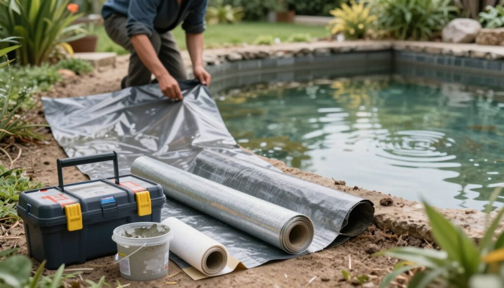 A tranquil garden scene focused on the process of sealing a pond, featuring a variety of materials used for pond waterproofing. In the foreground, display a neatly organized toolbox with EPDM membrane, liquid foil, and a small bucket of concrete mix. In the middle ground, an artisan applies a layer of EPDM membrane along the edges of a dug pond, showcasing careful techniques in sealing. The background features lush greenery and the partially filled pond with clear water, reflecting sunlight. The lighting is soft and natural, evoking a serene atmosphere. The scene is captured with a shallow depth of field, emphasizing the sealing materials while maintaining a gentle focus on the surrounding environment, depicting tranquility and craftsmanship.