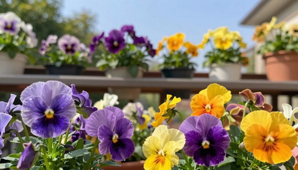 A variety of colorful pansies blooming vibrantly in a sunny garden setting, showcasing their rich hues of purple, yellow, and orange. In the foreground, focus on a cluster of these pansies with their delicate petals glistening in the sunlight, dew drops clinging to their edges. The middle ground features a beautifully arranged balcony with pots of pansies, creating a harmonious display of color and texture. In the background, soft green foliage frames the scene, with a clear blue sky accentuating the brightness of the flowers. The angle captures a warm, inviting atmosphere with gentle natural lighting, evoking a sense of tranquility and joy in gardening. The scene is peaceful, perfect for showcasing the beauty of long-blooming pansy varieties.