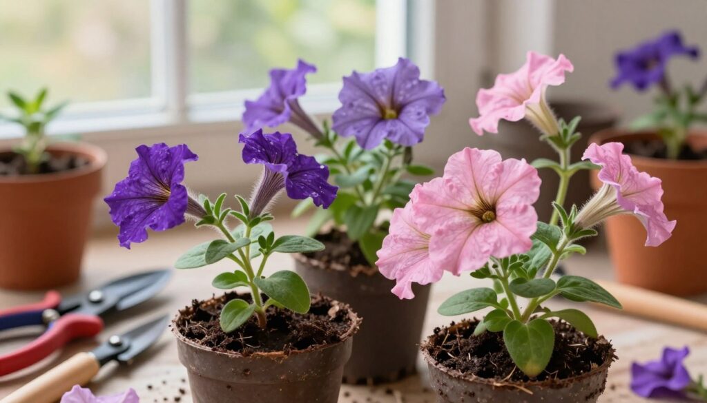 A vibrant and detailed image of petunia cuttings in a nurturing setting. The foreground features several healthy, green petunia cuttings, some with soft petals in various shades of purple and pink, resting in a small pot filled with rich soil. The middle ground shows an array of gardening tools such as pruning shears and small pots ready for planting. In the background, a sunlit window creates a warm, inviting atmosphere, with soft, natural daylight illuminating the scene, highlighting the textures of the leaves and petals. The focus is on the cuttings, capturing their delicacy and the promise of future blooms. The overall mood is serene and encouraging, reflecting the joy of propagation and care for beloved plants.