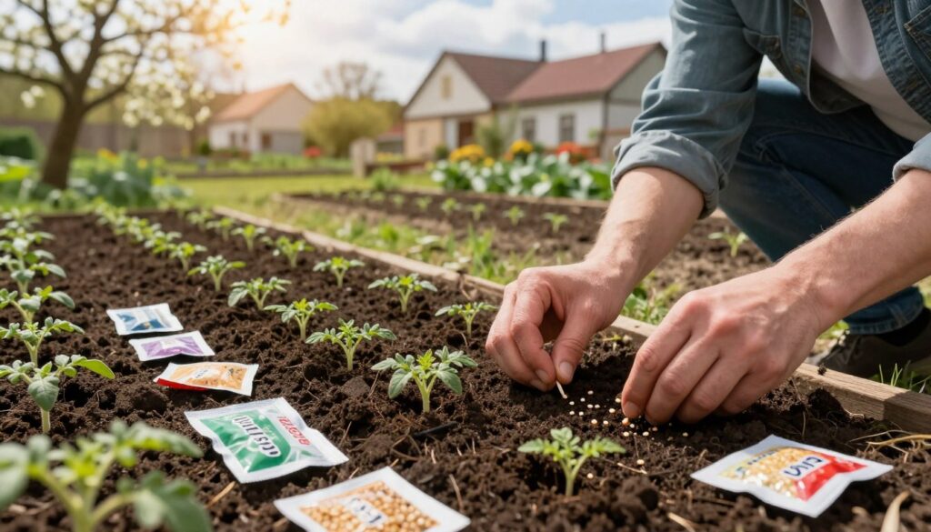 A vibrant and informative scene of tomato seed sowing in Poland, focusing on the optimal sowing times of February, March, and early April. In the foreground, a gardener dressed in modest casual clothing carefully sows tomato seeds into rich, dark soil, showcasing various types of seeds in small packets. The middle ground features neatly organized planting rows, with small green shoots emerging from the soil. In the background, an idyllic Polish garden with early spring blossoms hints at the warming season, bathed in soft, warm sunlight filtering through wispy clouds. A close-up angle captures the nurturing act of sowing, emphasizing the earthy textures and vibrant colors of the tomato plants, evoking a hopeful and productive atmosphere.