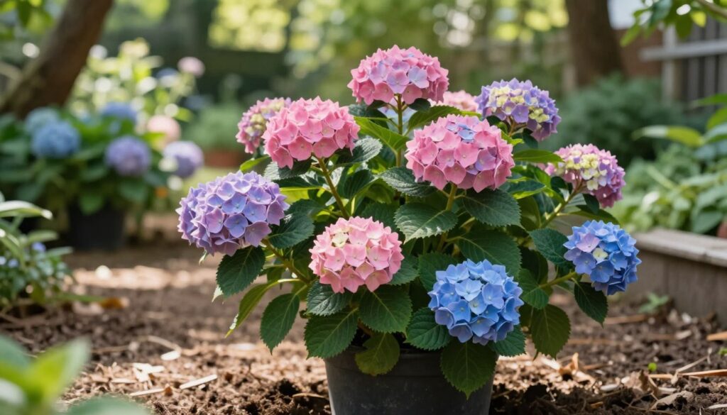 A vibrant and lush potted hydrangea in full bloom, featuring large, fluffy clusters of pink and blue flowers. The foreground showcases the potted plant with its rich green leaves, while the middle ground reveals soft, natural soil, ready for planting. In the background, a serene garden scene flourishes with dappled sunlight filtering through the trees, creating a warm and inviting atmosphere. The angle is slightly low to emphasize the beauty of the hydrangea, with a shallow depth of field to softly blur the surrounding greenery. The image evokes a sense of tranquility and encourages a connection to nature, ideal for a gardening article about planting potted hydrangeas in the ground throughout the season. A vibrant and lush potted hydrangea in full bloom, featuring large, fluffy clusters of pink and blue flowers. The foreground showcases the potted plant with its rich green leaves, while the middle ground reveals soft, natural soil, ready for planting. In the background, a serene garden scene flourishes with dappled sunlight filtering through the trees, creating a warm and inviting atmosphere. The angle is slightly low to emphasize the beauty of the hydrangea, with a shallow depth of field to softly blur the surrounding greenery. The image evokes a sense of tranquility and encourages a connection to nature, ideal for a gardening article about planting potted hydrangeas in the ground throughout the season.