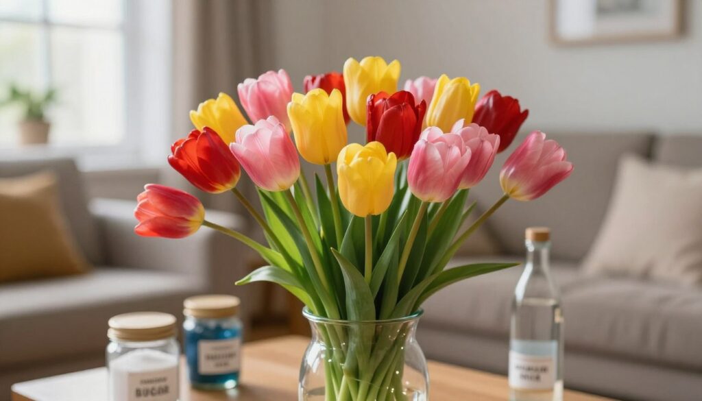A vibrant arrangement of tulips in various colors—deep red, bright yellow, and soft pink—set against a softly blurred background of a cozy living room. In the foreground, a clear glass vase holds the tulips, with subtle reflections catching the warm light filtering through a nearby window. Surrounding the vase are small, labeled jars containing household items like sugar, bleach, and vodka, hinting at unique tricks for prolonging their freshness. The soft, natural lighting creates an inviting and cheerful atmosphere, accentuating the delicate petals and their freshness. The angle captures the scene at eye level, focusing on the tulips while the background fades gently to emphasize the colorful display.