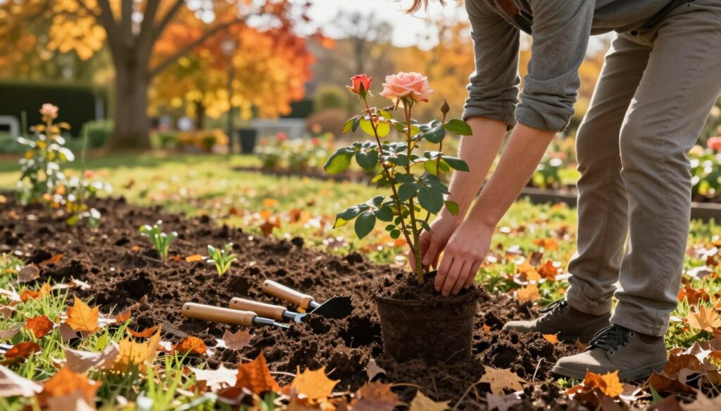 A vibrant autumn garden scene showcasing the process of transplanting roses, capturing the essence of both autumn and spring. In the foreground, a gardener wearing modest casual clothing is carefully lifting a young rose bush from its pot, surrounded by fallen orange and yellow leaves. In the middle ground, freshly tilled soil shows evidence of digging, with small tools nearby. The background features a beautiful backdrop of colorful autumn trees, transitioning into budding spring plants, bathed in warm, golden sunlight that creates a serene and nurturing atmosphere. The scene evokes a sense of care and consideration, highlighting the importance of timing in gardening practices. Soft focus on the edges enhances the feeling of warmth and tranquility, while keeping the center crisp and detailed.