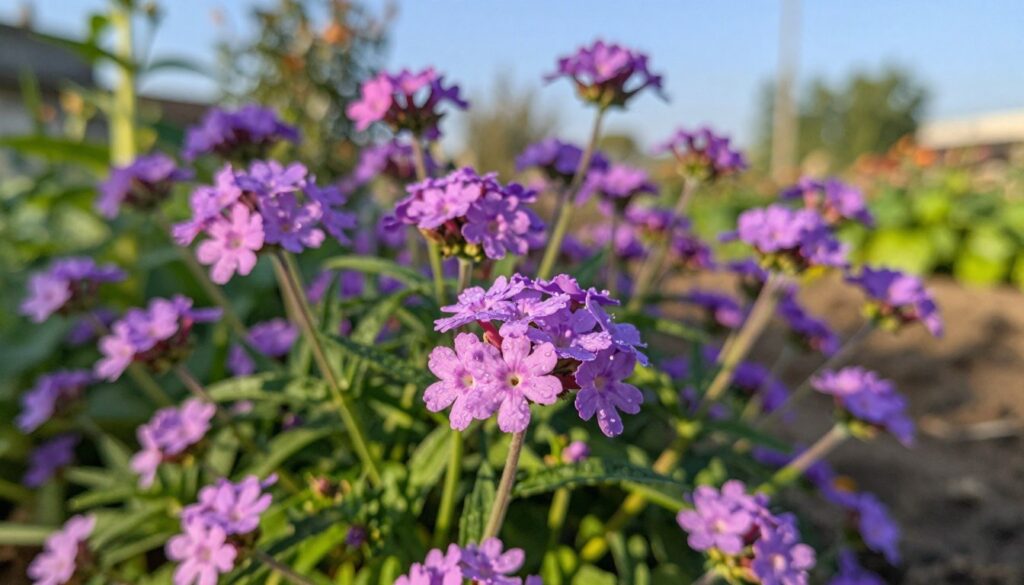A vibrant close-up of blooming verbena flowers in various shades of purple and pink, showcasing their delicate petals and lush green leaves. The foreground features a cluster of blossoms with dew droplets shimmering in the soft morning sunlight. In the middle ground, additional verbena plants gracefully sway, creating a sense of depth and richness. The background is filled with a gentle, blurred garden scene, hinting at more foliage and a clear blue sky. The lighting is warm and inviting, casting soft shadows that enhance the textures of the petals. The overall mood is serene and hopeful, evoking a sense of natural beauty and the potential for growth.