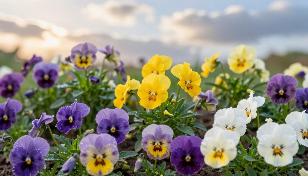 A vibrant composition of various "viola" pansies, showcasing an array of early, spring, and late-blooming varieties. In the foreground, colorful pansies in hues of purple, yellow, and white display their delicate petals, glistening with morning dew. The middle ground features a lush garden bed, filled with lush green foliage and a few blooming pansies to signify the transitioning seasons. In the background, soft sunlight filters through gentle, fluffy clouds, illuminating the scene and casting warm highlights. Capture the essence of a tranquil spring day, with a focus on the rich textures and colors of the pansies, creating an inviting and serene atmosphere. The image should have a natural depth of field, slightly blurring the background to emphasize the vivid blooms in the foreground, all without any text or watermarks.